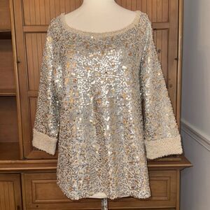 Coldwater Creek Sequined 3/4 Sleeve Sweater Top, Size L/XL